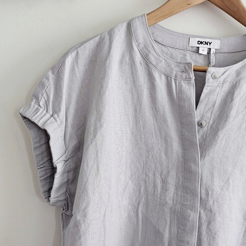 DKNY Elastic Cuff Linen Blend Button Up Shirt Gray XS Short Sleeve Dolman - Picture 3 of 12